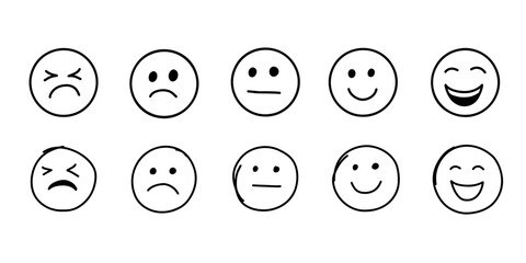 Hand drawn in doodle style, emoji with evaluation range from joyful to sad.