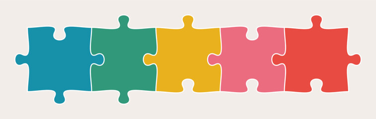 Five connected jigsaw puzzle parts line flat vector illustration. Infographic template with separate matching pieces. Teamwork concept.