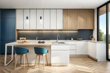 Fototapeta premium Modern wooden kitchen with wooden detail and panorama window, white and blue minimalist interior design, panoramic sunrise sunset, illustration.