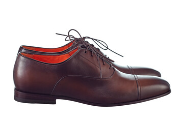 Beautiful pair of classic men's shoes made of high-quality brown leather, lace-up, with a leather sole, isolated on a white background. Side view.