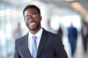Businessman with dark complexion and glasses and suit and tie smiling at camera - Theme business, career and competence - Generative AI - obrazy, fototapety, plakaty