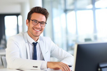 Business man sits in office at computer and smiles friendly into camera - subject business, contact, colleagues, field service or training - Generative AI - obrazy, fototapety, plakaty