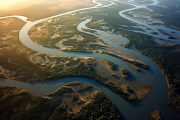 River delta - aerial view of river with many branched river branches and green areas, typical for Africa - Generative AI