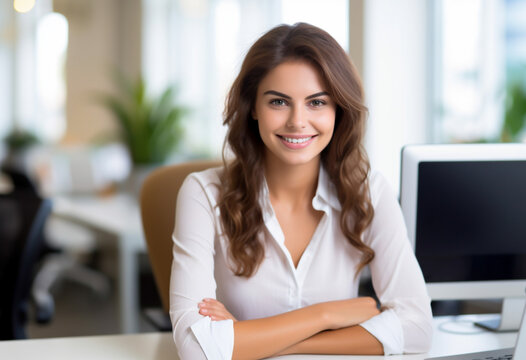 young attractive business woman sitting at desk in office and smiling confidently into camera - theme management, equality or education - Generative AI