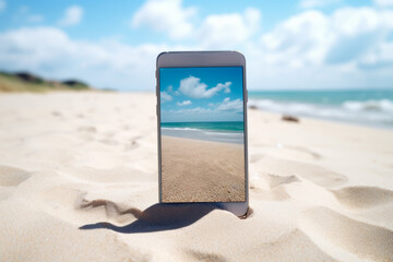 Phone on the sand at the beach.