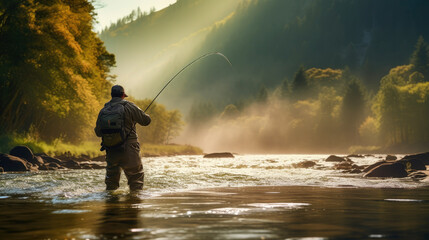 fisherman fishing in a high mountain river - obrazy, fototapety, plakaty