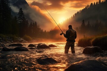 fisherman fishing in a high mountain river at dawn