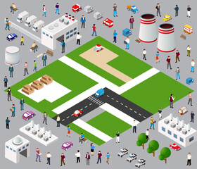 3D isometric rendering of industrial area with streets and people.