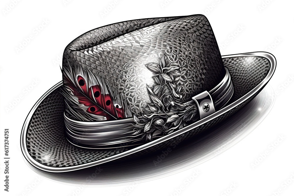 Poster drawing of a man's hat with brim isolated on white background. generated by ai