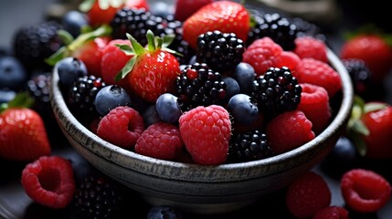 
Strawberries, blueberries, raspberries and blueberries. Fresh berries on a platter.