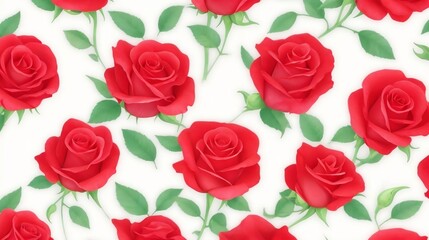 Bright red rose flower bud and stems pattern on white background
