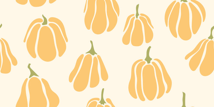 Seamless pattern with pumpkin silhouettes. Matisse style modern pattern. Simple style beige autumn background with squash. Orange gourd.