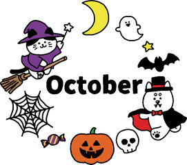 猫と犬の英語10月ハロウィーンイラスト（シンプル）