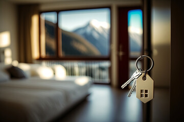 Keys on background of new apartment or hotel room with beautiful panoramic mountains view. Luxury vacation, rental, booking or buying mountain real estate. Generative AI