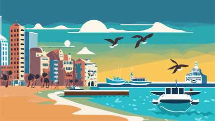 Beach view of old city houses Vector illustration on a flat cartoon style landscape background