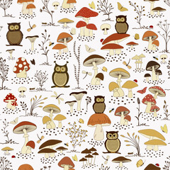 Seamless pattern with funny cartoon owls and  cute cartoon mushrooms - 617376586