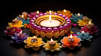 Obraz na płótnie Canvas Diwali glowing diya. Indian festival. Copy space