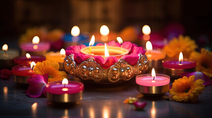 Diwali glowing diya. Indian festival. Copy space