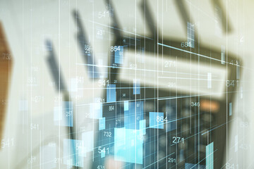 Multi exposure of abstract virtual graphic data spreadsheet sketch on blurry calculator and papers background, analytics and analysis concept