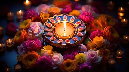 Diwali glowing diya. Indian festival. Copy space