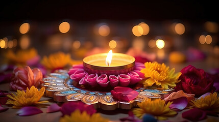 Diwali glowing diya. Indian festival. Copy space