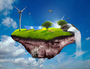 Nachhaltige grüne fliegende Insel mit Solar und Windkraft und Wasserfall - 617377398