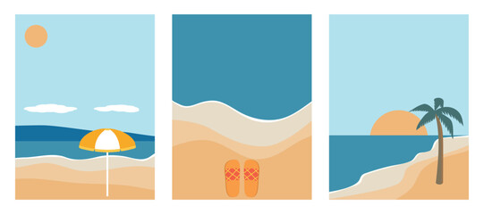 Fototapeta na wymiar Set of abstract posters summer beach. Vector illustration of summer sea, sky, sand, umbrella, palm. Banner background.