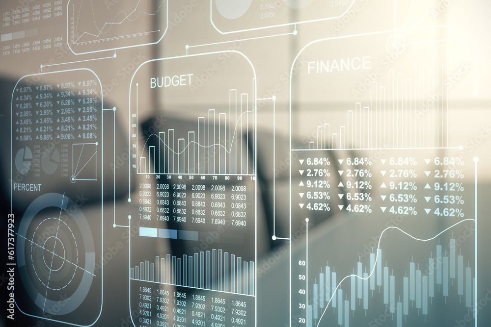 Poster Double exposure of abstract virtual statistics data hologram on a modern meeting room background, statistics and analytics concept