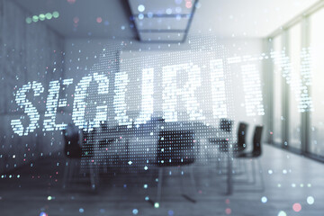 Virtual cyber security creative concept on a modern furnished office background. Double exposure