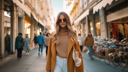 Young beautiful stylish woman walking in pink coat, holding purse in hands, smiling, happy, street style. Generative ai.