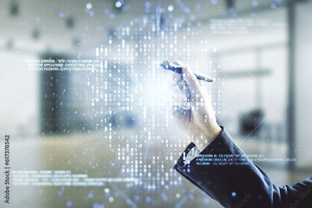 Poster Man hand with pen working with abstract virtual code skull illustration on blurred office background. Hacking and phishing concept. Multiexposure
