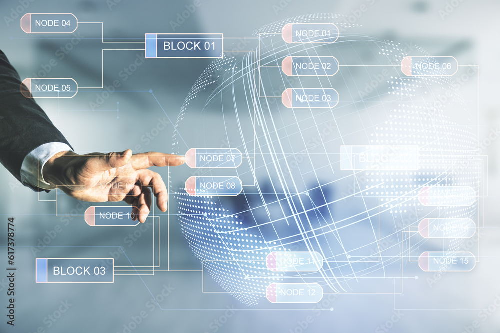 Aufkleber man hand working with abstract virtual coding concept and world map on blurred office background. mu