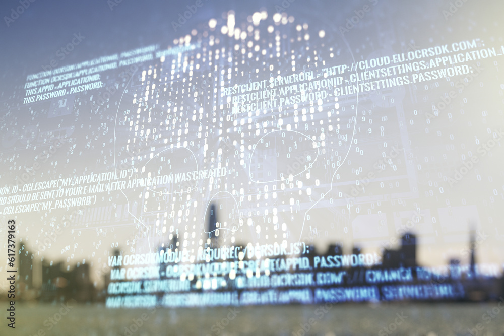 Poster double exposure of abstract virtual creative code skull hologram on blurry cityscape background. mal