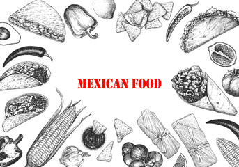Mexican Food. Menu. Hand-drawn illustration of dishes and products. Ink. Vector 