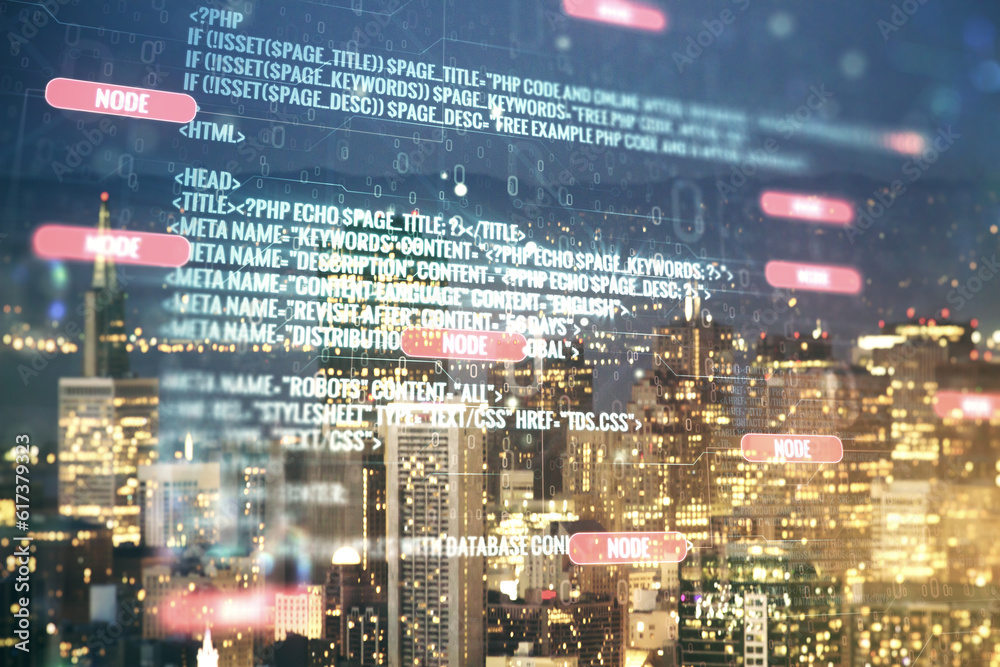 Aufkleber Multi exposure of abstract programming language hologram on San Francisco office buildings background, artificial intelligence and machine learning concept