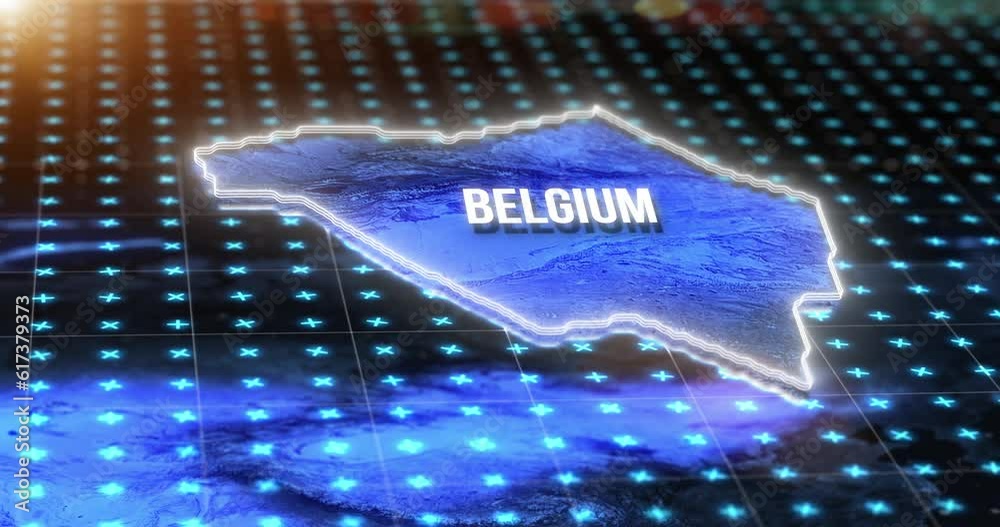 Fototapete dark digital map, location of belgium and hologram on blue light hud, pin or 3d rendering. technolog