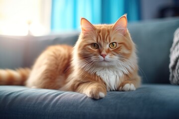 Cute cat on sofa. Illustration AI Generative