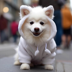 white spitz in street sweatshirt