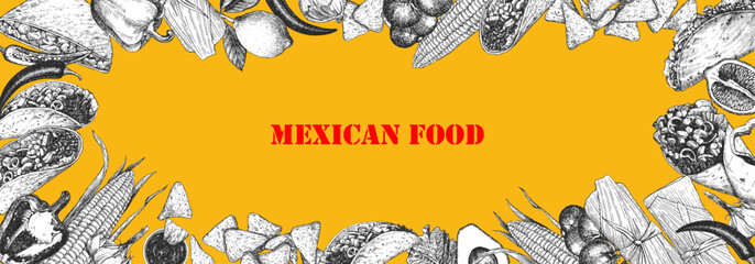Mexican Food. Menu. Hand-drawn illustration of dishes and products. Ink. Vector 