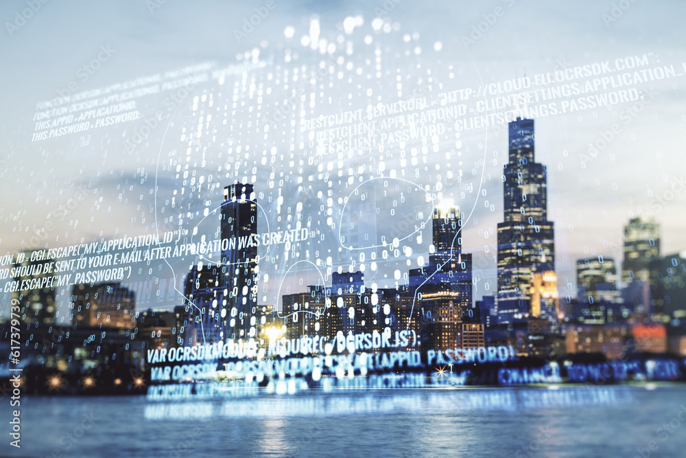 Poster double exposure of abstract virtual creative code skull hologram on chicago city skyscrapers backgro