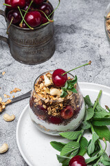 Granola with yogurt and cherries in a glass