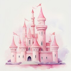 Pink watercolor princess castle isolated. Illustration AI Generative.