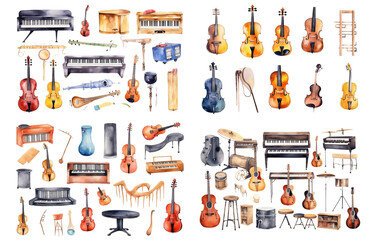 Watercolor International musical instrument set on white background. Watercolor painting daily routine objects