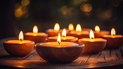 Lit candles in small decorative clay pots and tea light candle burning on round wooden board. celebration, religion, tradition and ceremony concept