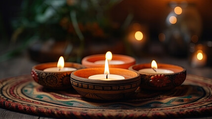 Lit candles in small decorative clay pots and tea light candle burning on round wooden board. celebration, religion, tradition and ceremony concept