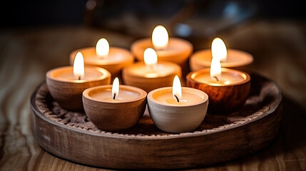 Fototapeta na wymiar Lit candles in small decorative clay pots and tea light candle burning on round wooden board. celebration, religion, tradition and ceremony concept