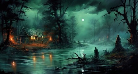 Obraz premium Halloween scene with jackolanterns, ghosts, and skeletons Illustration AI Generative