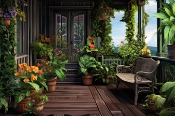 Fototapeta na wymiar Porch, plants with wall and deck at hous Illustration AI Generative.