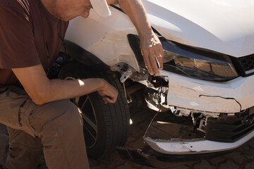Man checking out the damage to the right front end of his car that was in a collision 