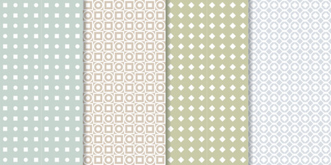 Set of cute minimal geometric texture seamless patterns. Repeating simple geometrical shapes modern background. Graphic trendy abstract wallpaper.
